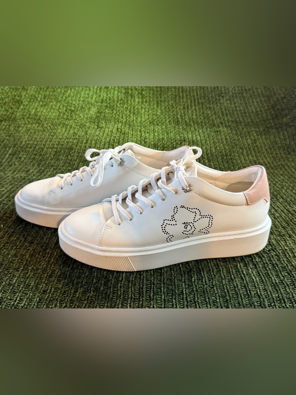Ted Baker London White Leather Platform Sneakers with Perforated Floral Detail
